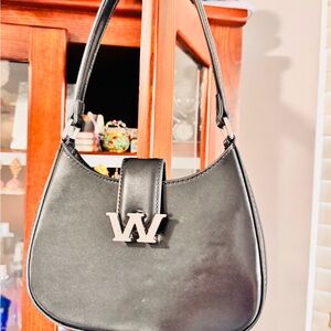 Alexander Wang Black Leather Shoulder Bag with Silver W Emblem